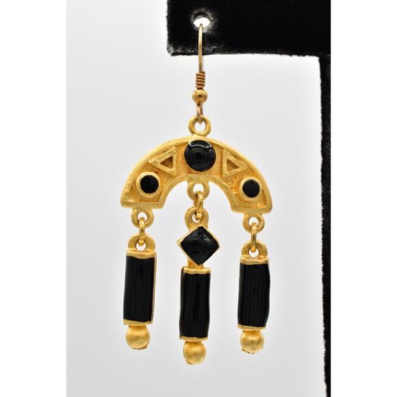 Vintage Dangle Earrings Brushed Gold Black Enamel Heavy Chunky NOS 1980s BinZ - Picture 6 of 12
